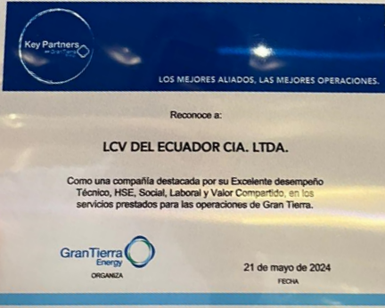 Recognition of LCV del ECUADOR by Gran Tierra Energy.